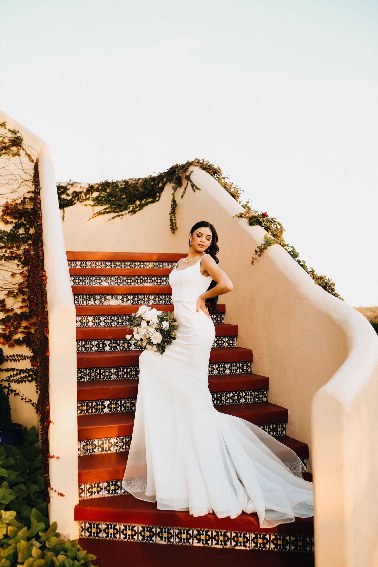 Mediterranean Spanish wedding venue Stoney Ridge Villa with bride during golden hour in North Texas