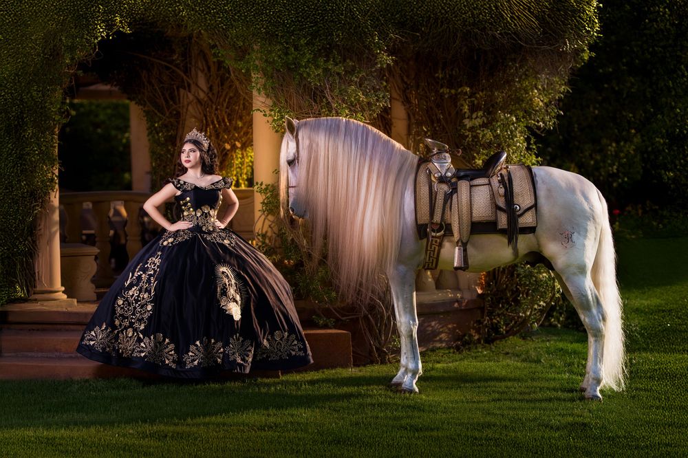 Artistic wedding photo series showing a couple in formal attire dancing and posing in a garden at night.