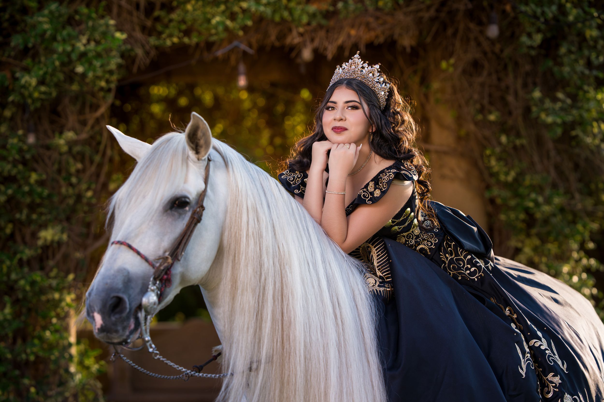 A person in an elegant black gown sits atop a majestic white horse in a dreamy forest setting.