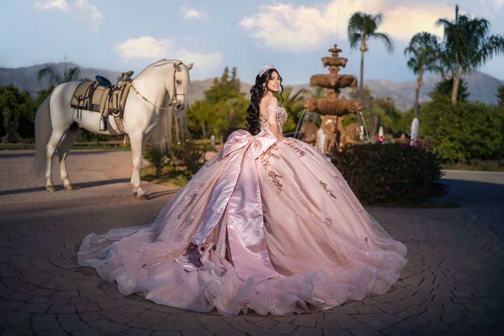 A figure in a flowing pink ball gown poses with a white horse in an outdoor setting at sunset.