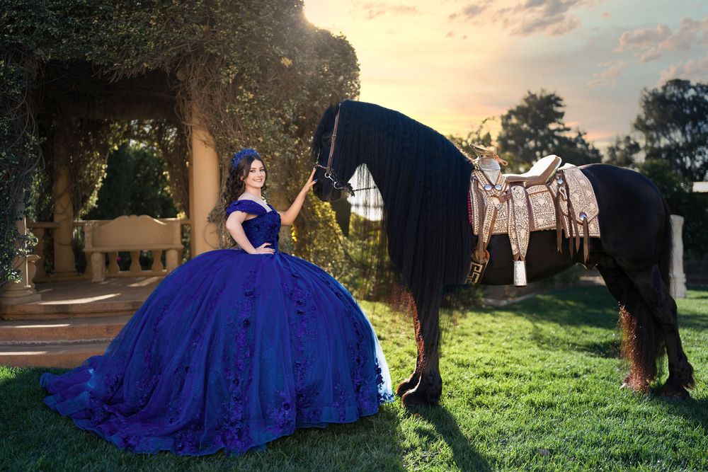 A royal blue ballgown dress is photographed in multiple outdoor settings during golden hour.