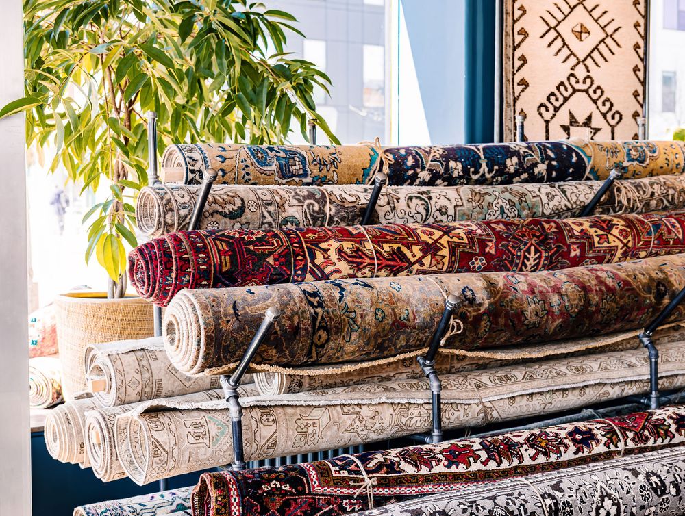 Colorful rolled Persian and Oriental rugs displayed on metal rack in a rug store with green plant nearby.