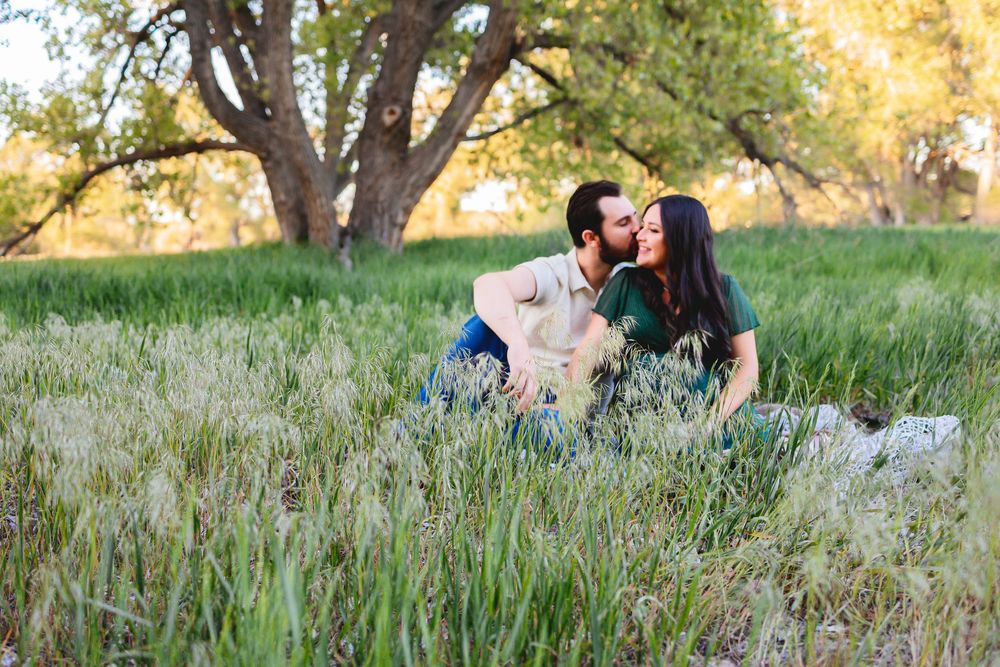 A couple shares a romantic moment on a picnic blanket in a grassy field under a large tree during golden hour.