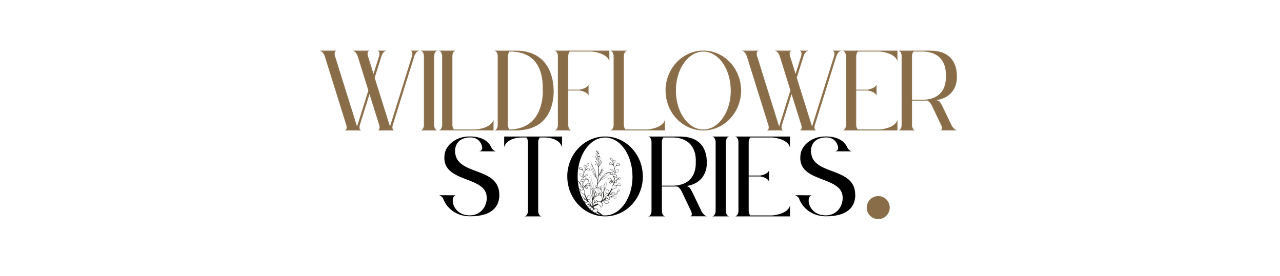 Decorative text design with the words 'Wildflower Stories' in an elegant serif font against a white background.