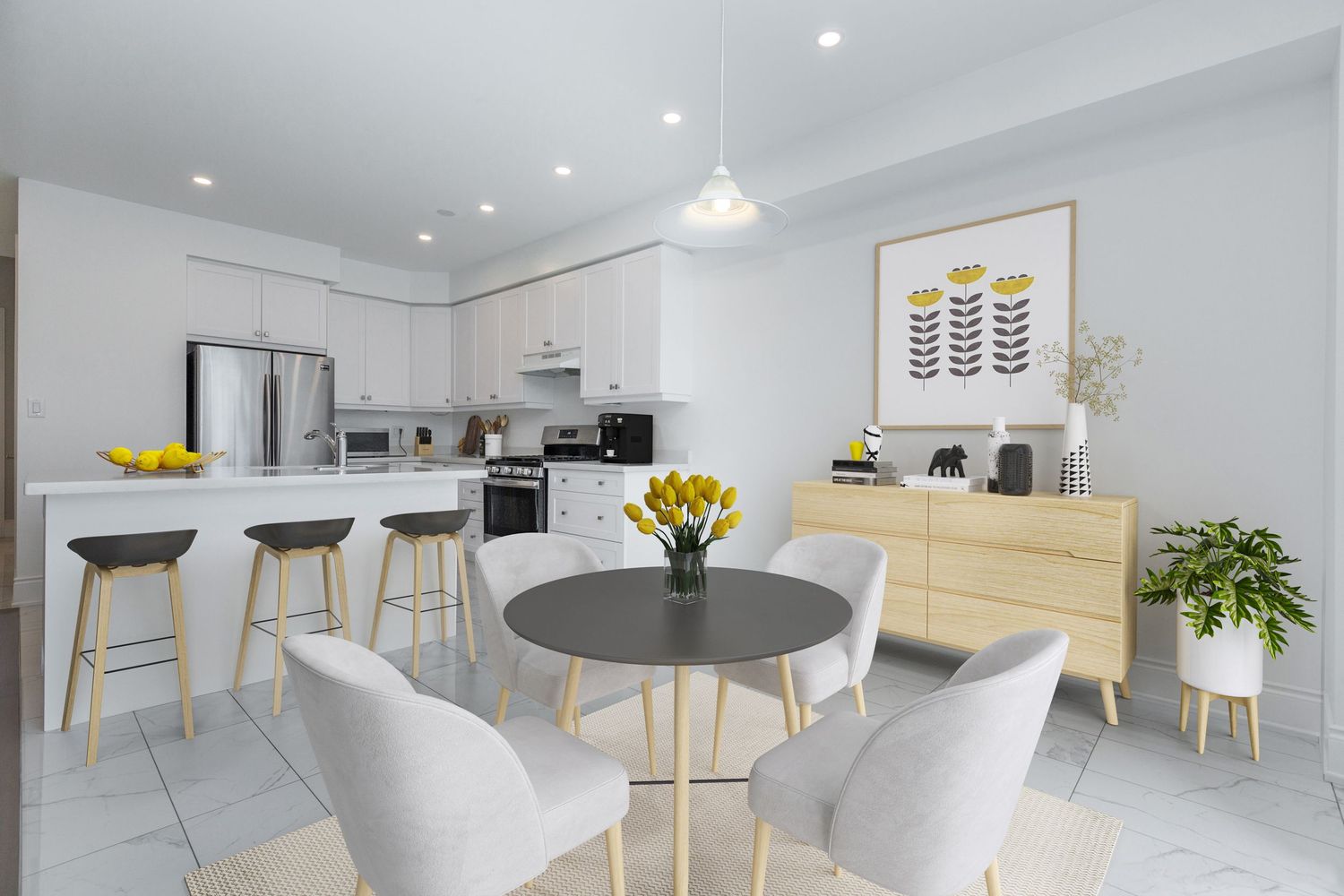 A photo of a virtually staged kitchen in Springwater Ontario for a real estate listing in Simcoe County photographed by Sarah Tennant