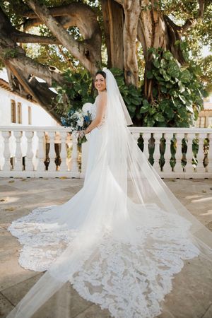 Stunning lace wedding dress with cathedral length veil displayed against a rustic outdoor balcony with stone columns.