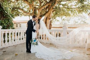 A couple in wedding attire embraces under trees during a romantic outdoor photo session.