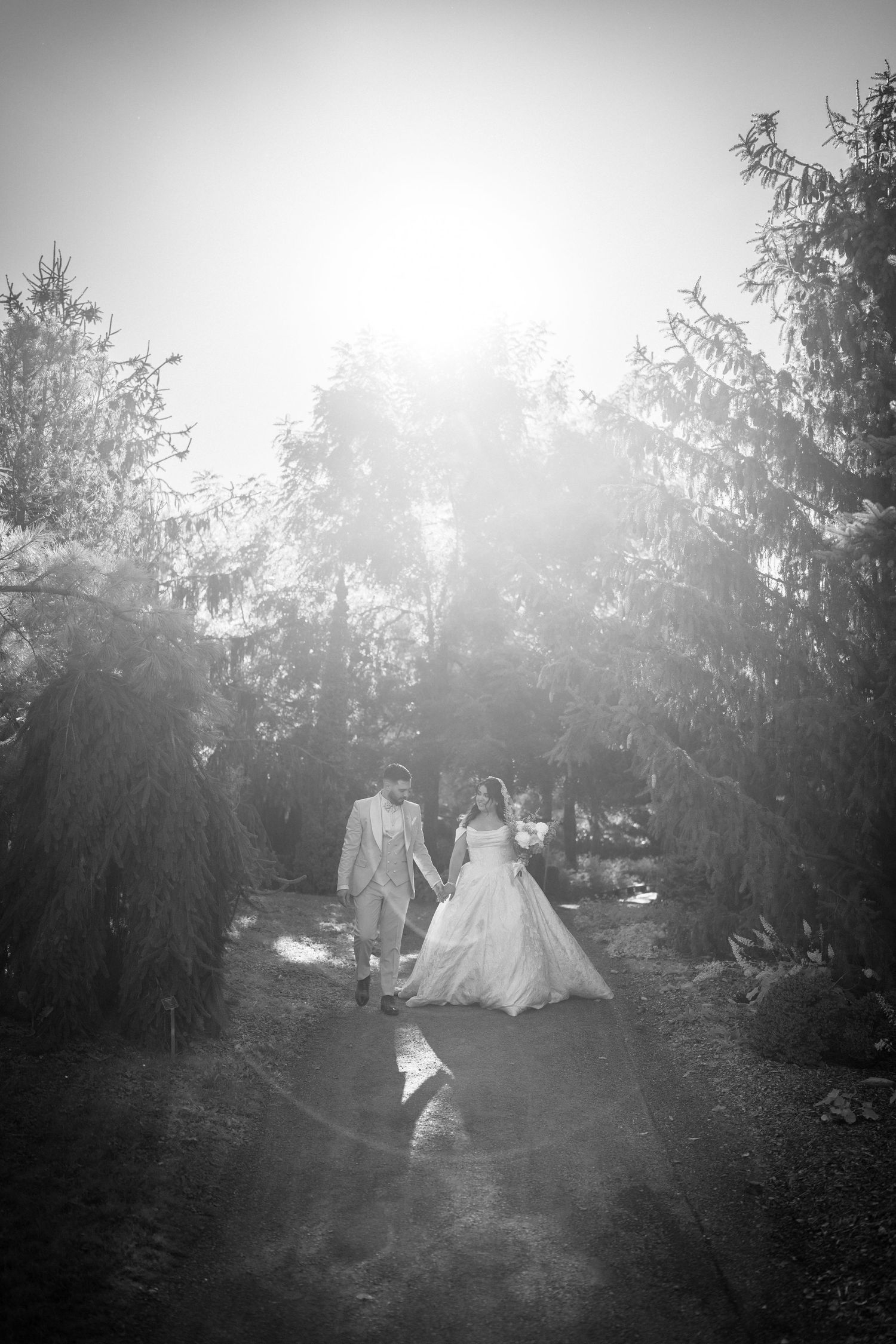 Black and white photo of a bride and groom walking hand in hand through a tree-lined path with sunlight behind them.
