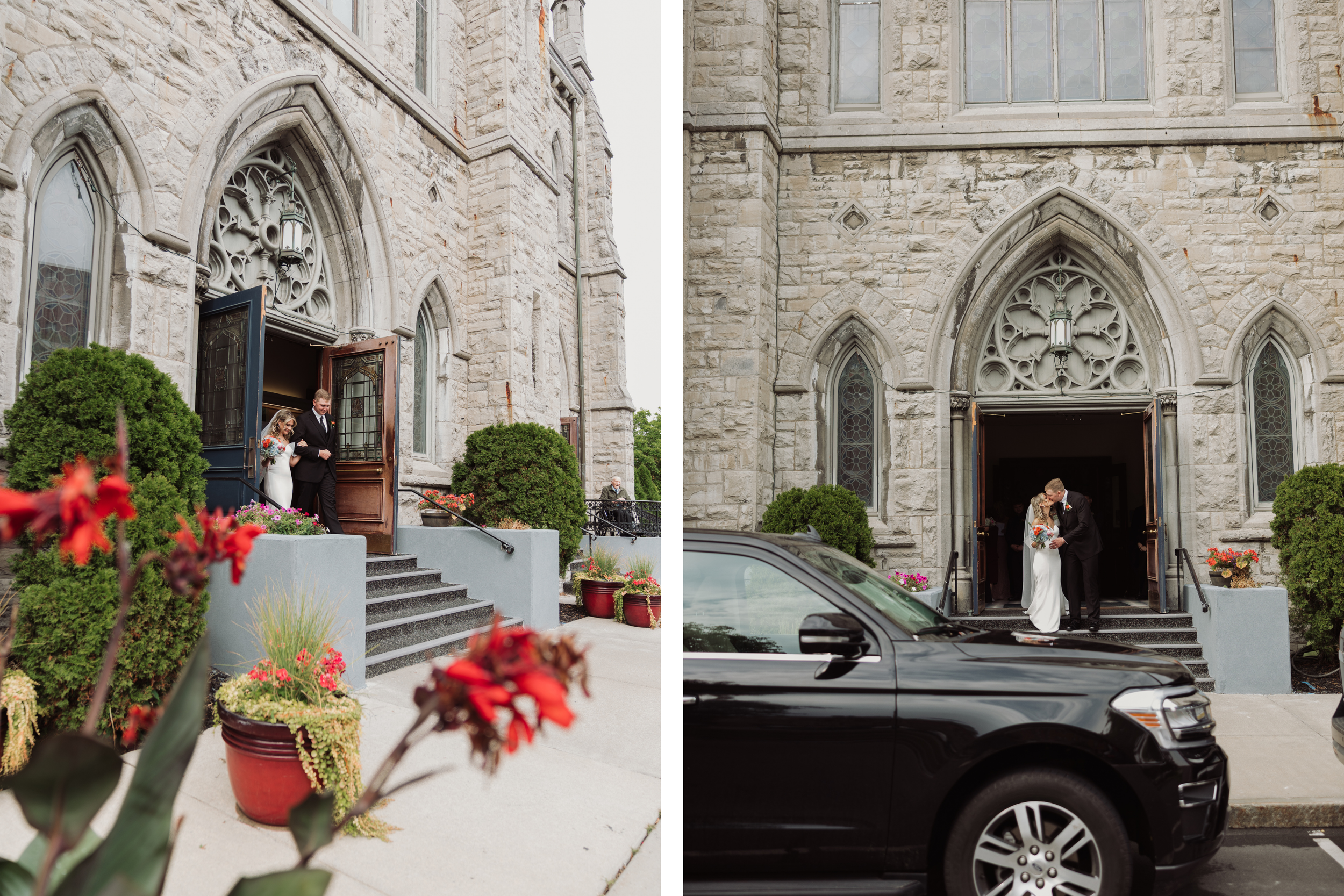 Bride and groom exiting the church after their wedding ceremony at St. Mary's Church