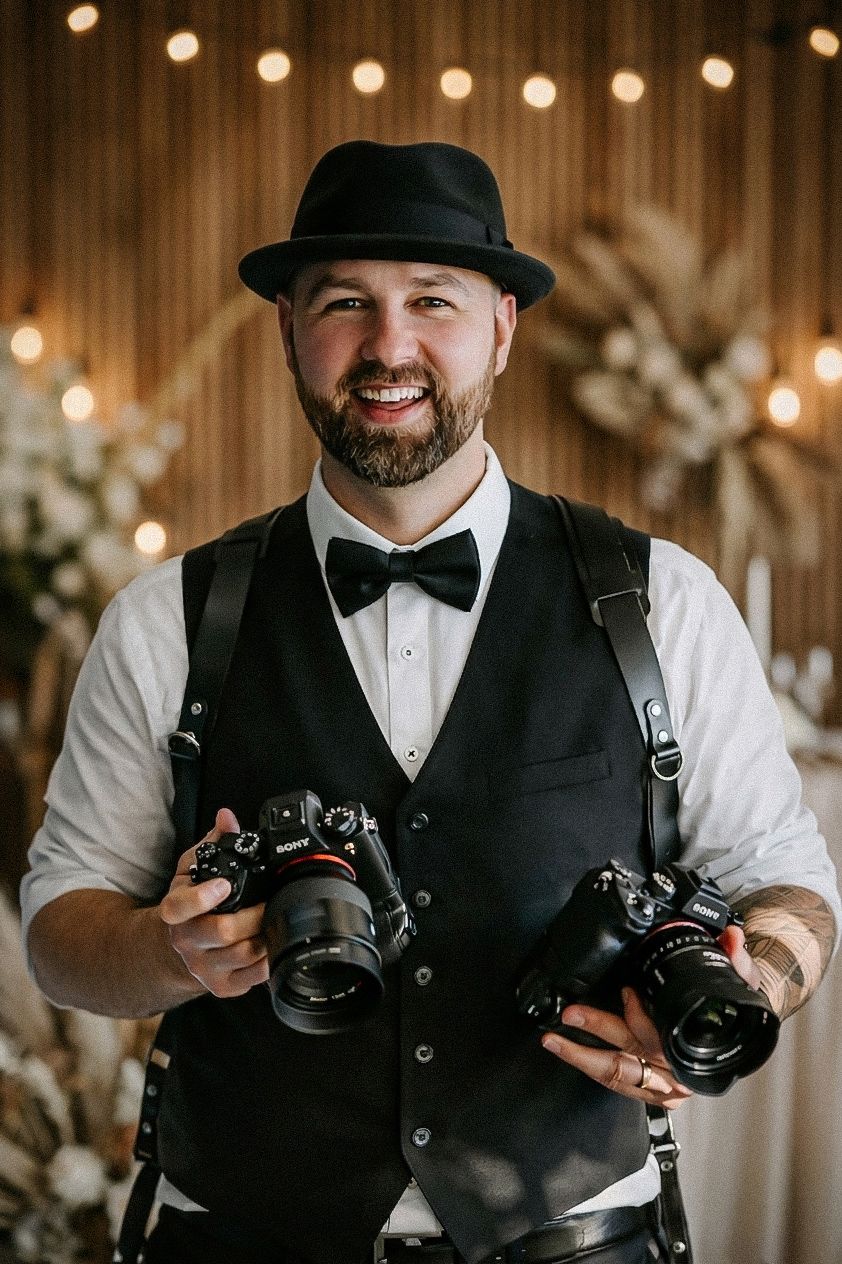 Wedding photographer in formal attire surrounded by falling confetti.