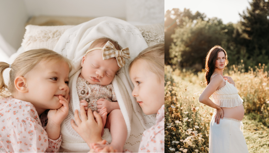 A series of intimate family portraits taken outdoors during golden hour with soft, warm lighting and natural settings.
