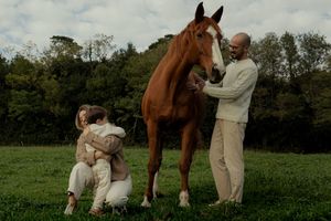 A peaceful scene in a meadow with horses and people enjoying a sunny afternoon.