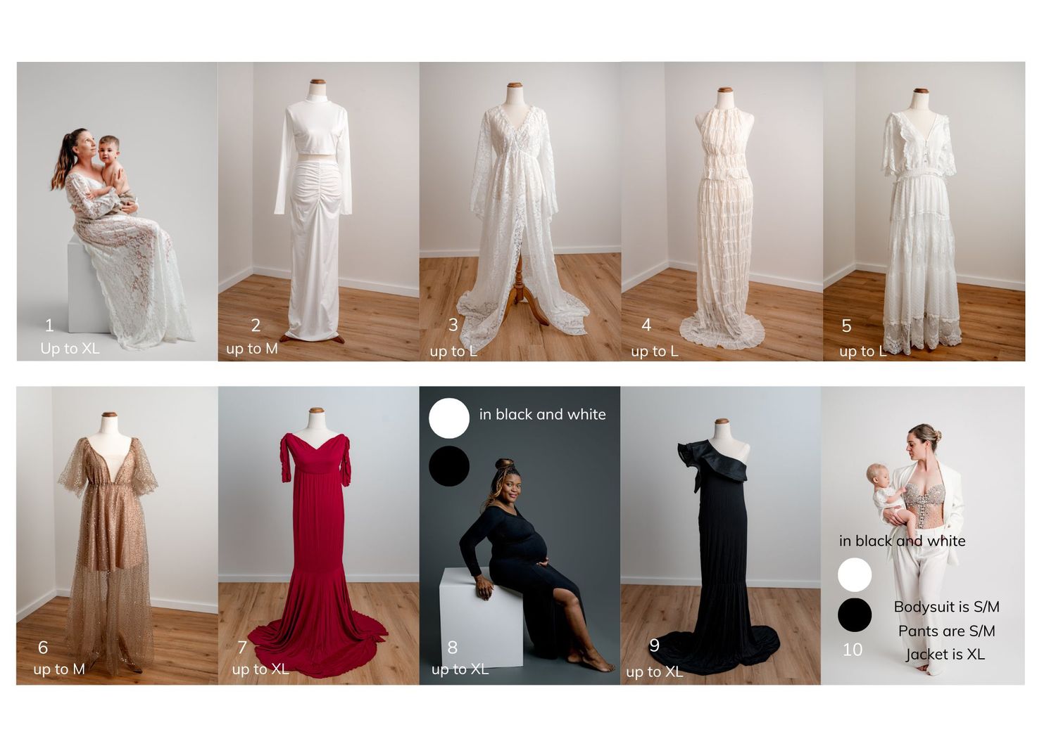Fashion models showcase a collection of elegant evening gowns and dresses in a minimalist studio setting.