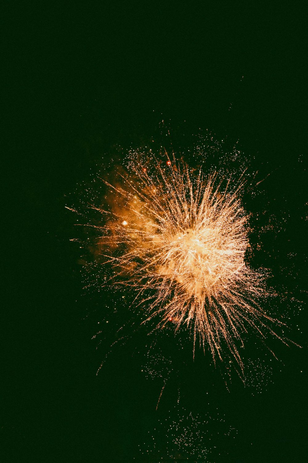 Une explosion de feux d'artifice dorés vibrantes éclate contre un ciel nocturne vert foncé, avec des étincelles rayonnant vers l'extérieur.