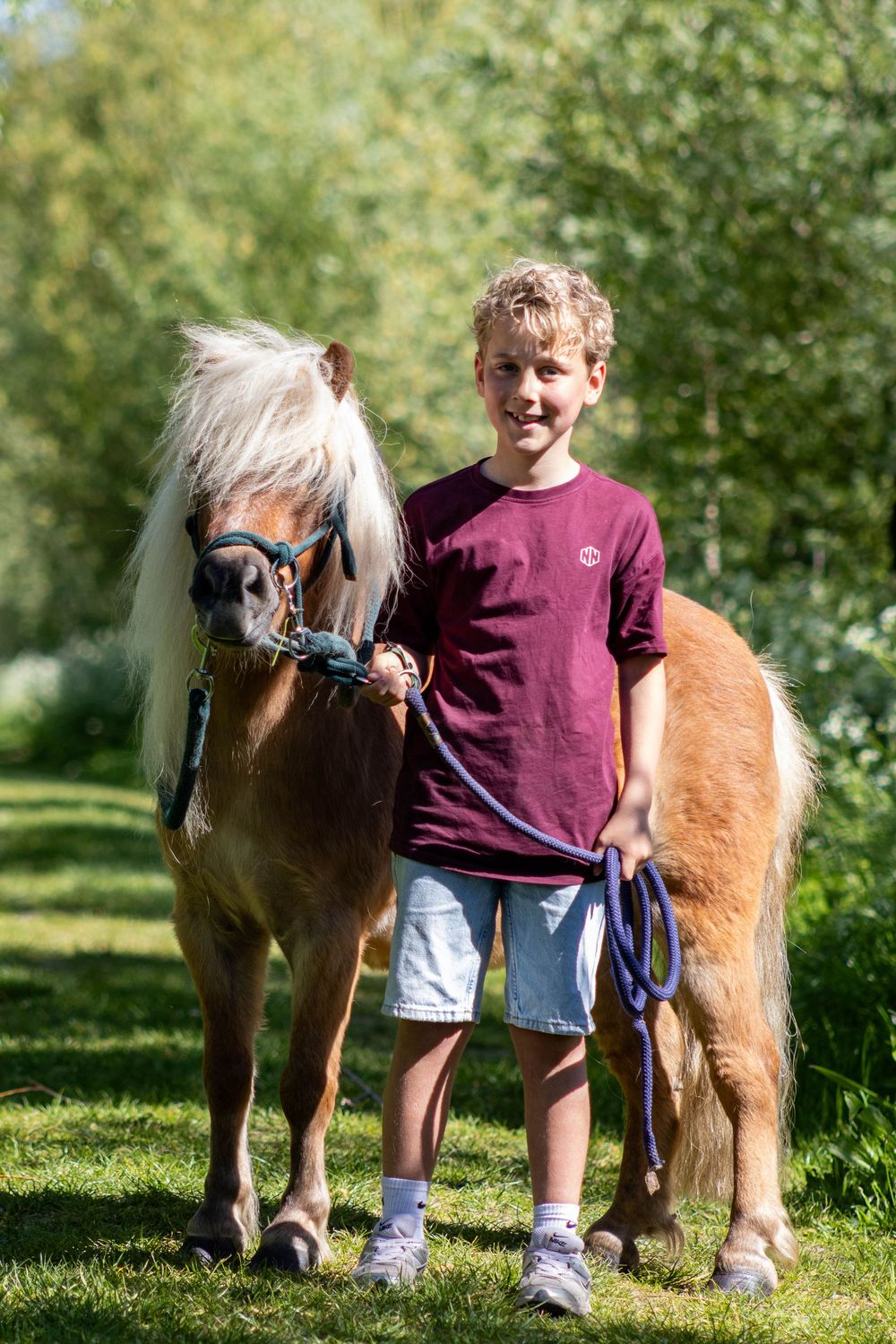 Jonge jongen houdt zijn bruine pony vast tussen het groene struikgewas.