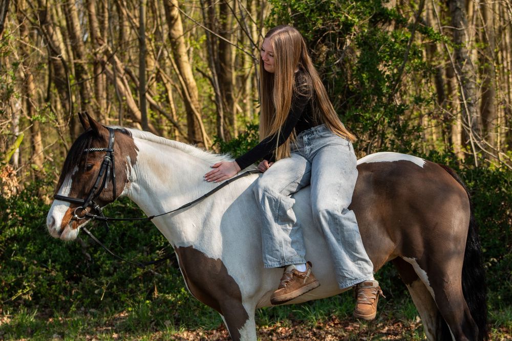 Jong meisje zit op bonte pony voor bossige achtergrond.