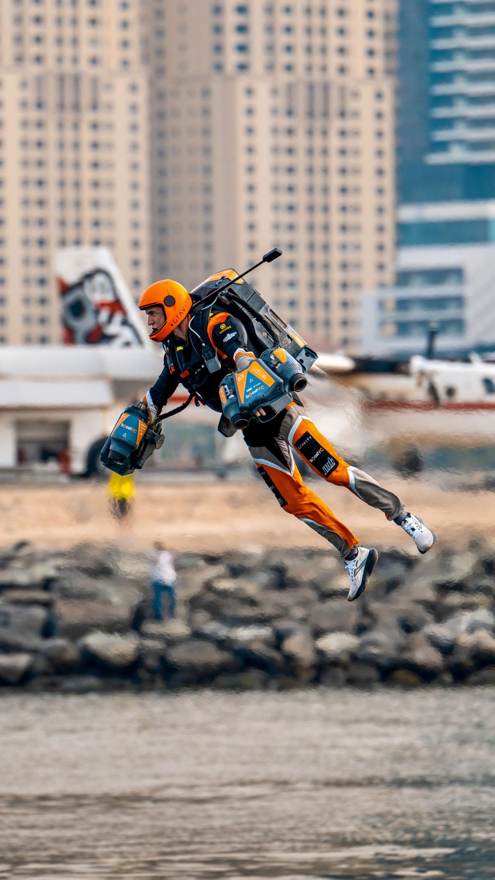 Jetsuit Pilot Paul Stronger flying over Dubai Marina at the first Jetsuit race in UAE at Skydive Dubai. Photo by Jasmina Noureldin.