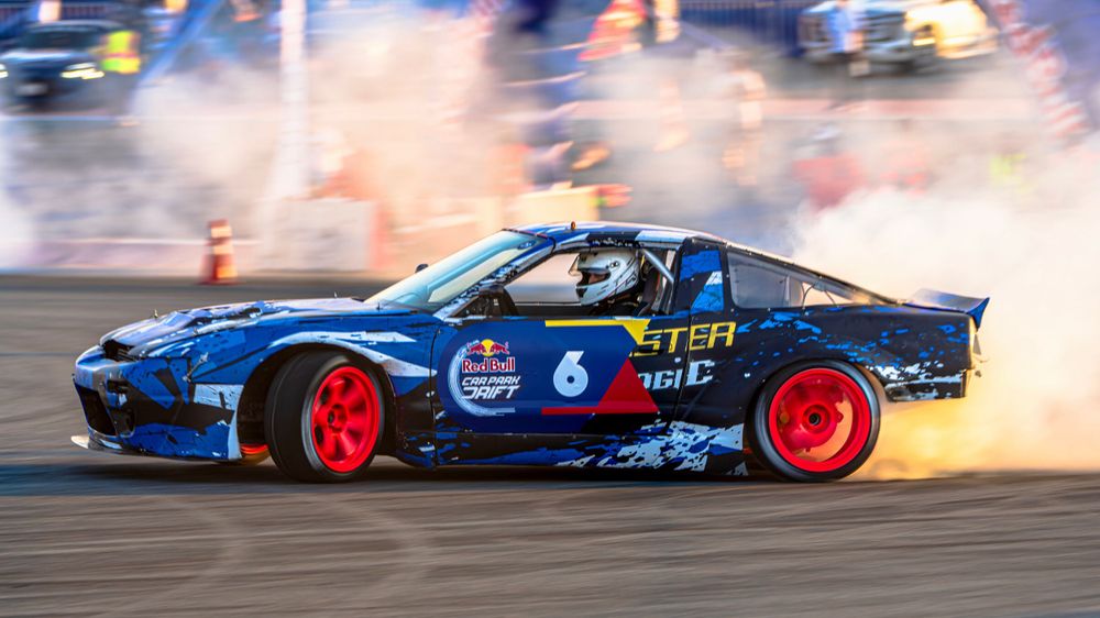 Car drifting in Redbull Carpark Drift 2024 competition at Dubai Autodrome, Dubai, UAE. Photo taken by Jasmina Noureldin Photography.