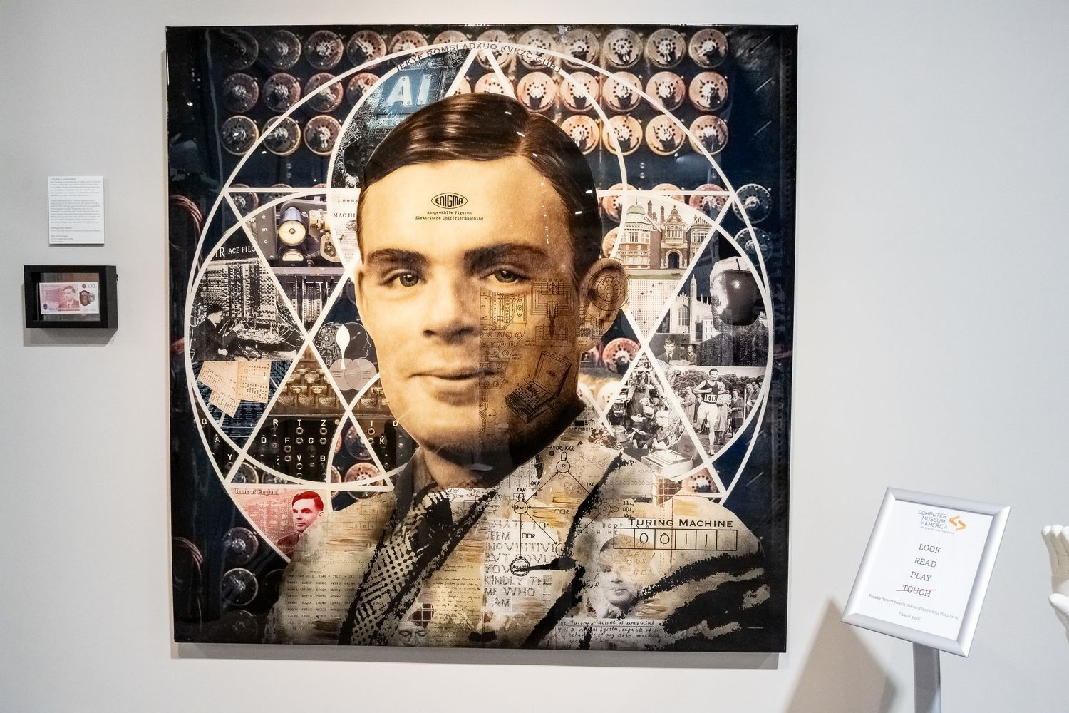 Mathematical and scientific artwork featuring vintage portrait with overlaid geometric patterns.