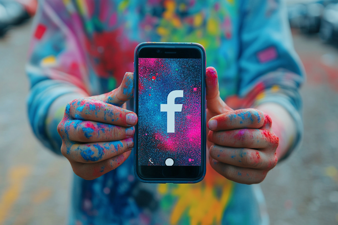 logo van Facebook gegenereerd door AI op een smartphone, met handen vol verf