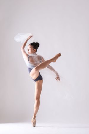 Dancer in grey and white attire executes elegant ballet poses in studio setting.