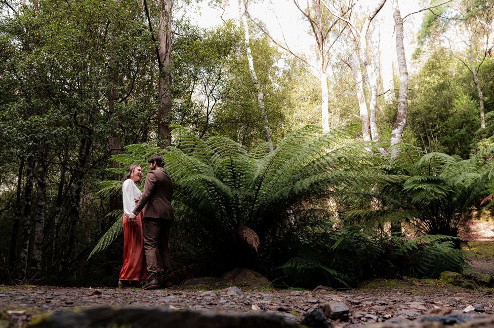 A romantic moment captured between two people against a backdrop of towering ferns and forest trees.