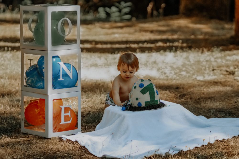 A baby exploring a first birthday smash cake beside decorative alphabet blocks spelling ONE.