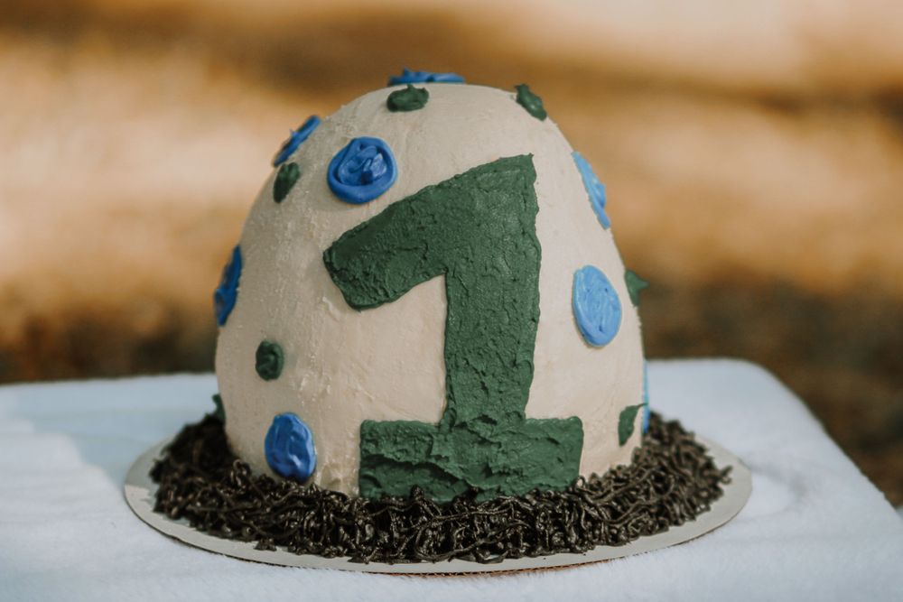 A round first birthday smash cake decorated with a green number one and blue polka dots on white frosting.
