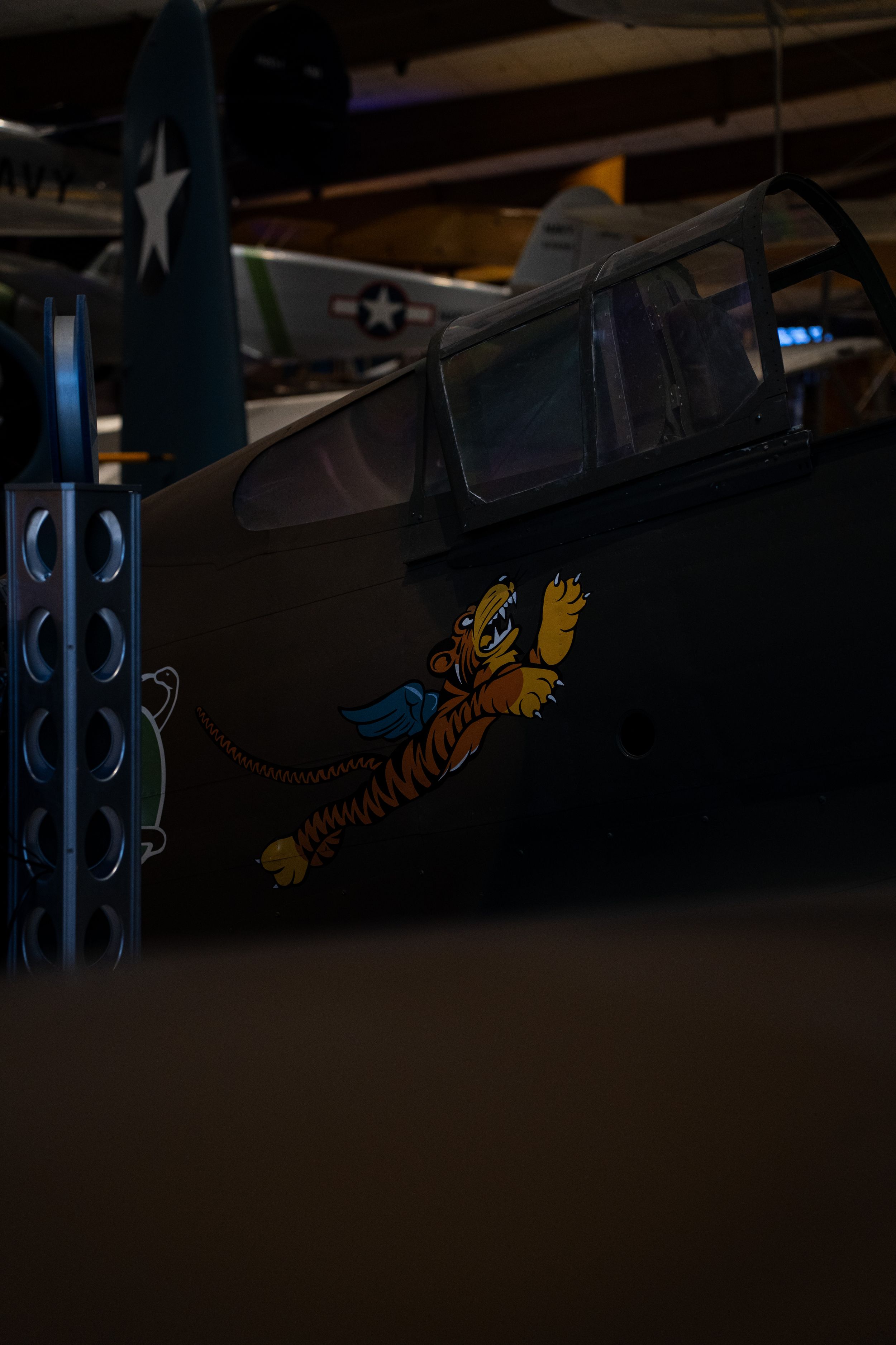 Dark military aircraft with cartoon tiger nose art visible on the fuselage in low lighting conditions.