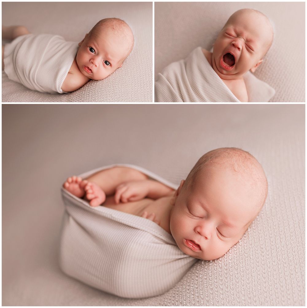 Sweet newborn baby swaddled in soft cream fabric shown in three poses - peaceful sleeping, yawning, and side position.