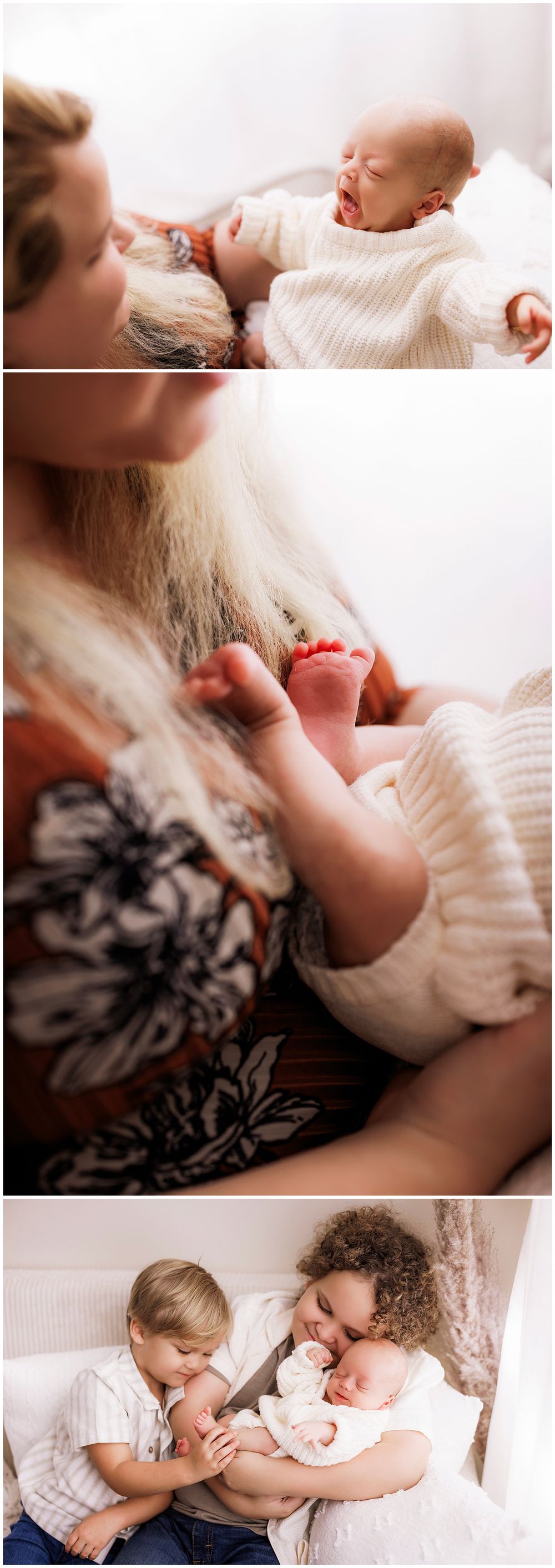 Tender family moments captured in three vertical photographs showing a baby in a white sweater and loving interactions.