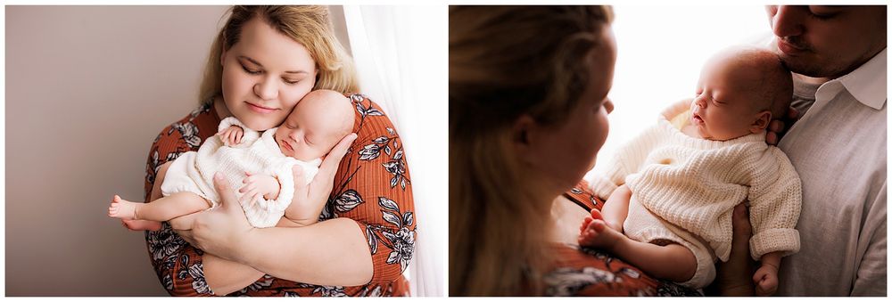 Two gentle images side by side showing tender moments with a small infant wearing soft knit clothing.