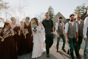 Wedding party members gather outdoors for group photos during an autumn celebration.