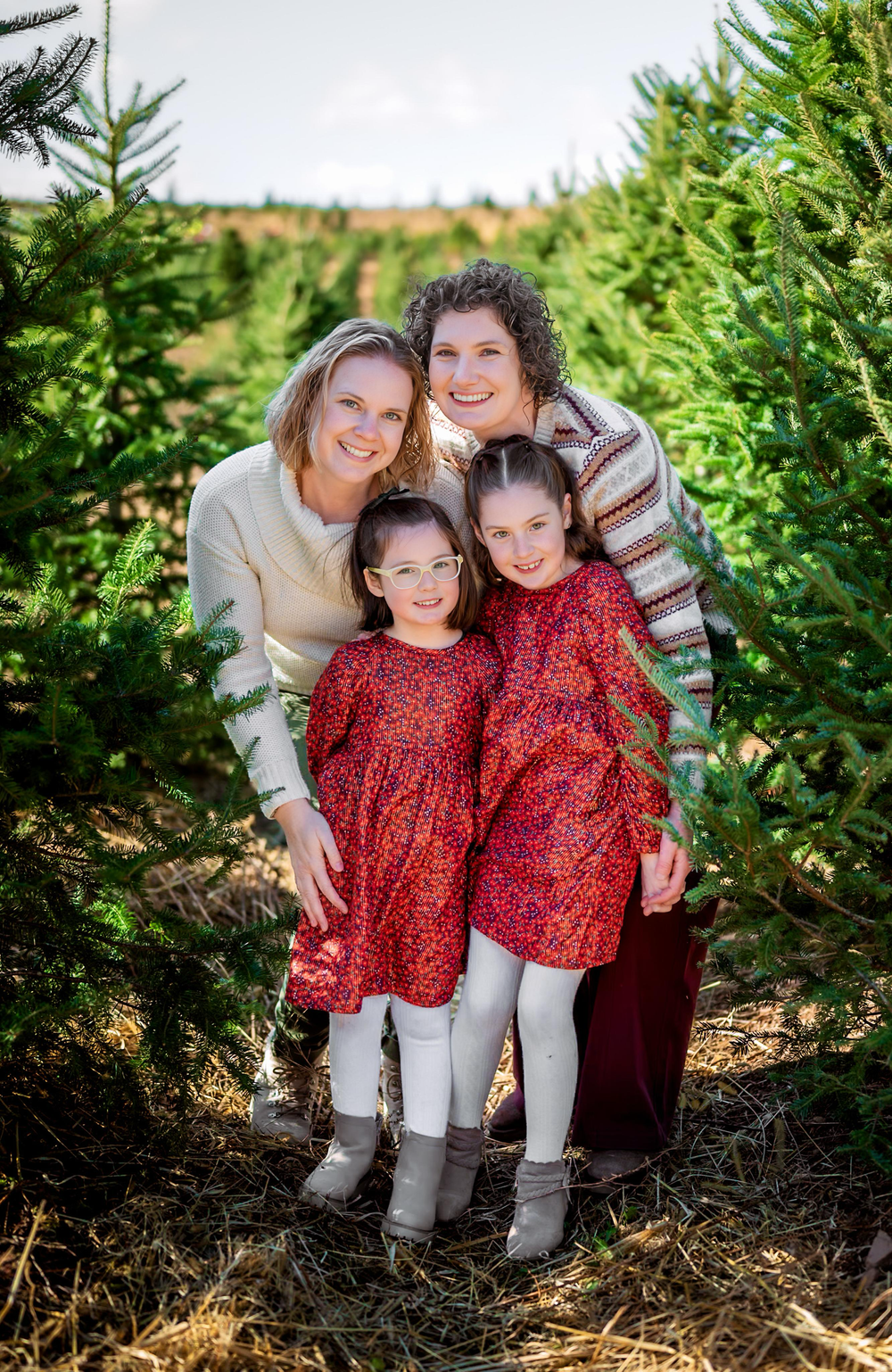 Holiday portraits among evergreen trees featuring matching red and white outfits.