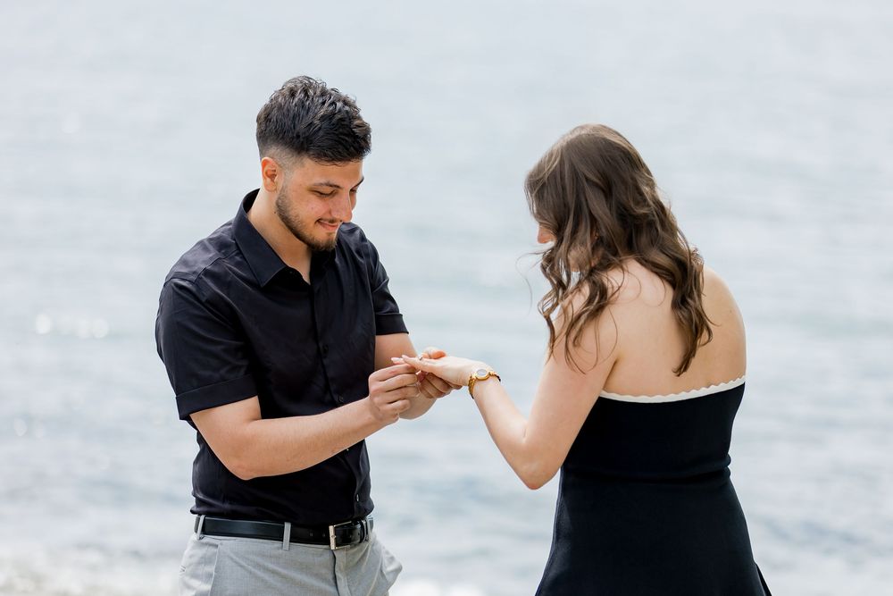 Romantic beach proposal sequence showing couple by the water.