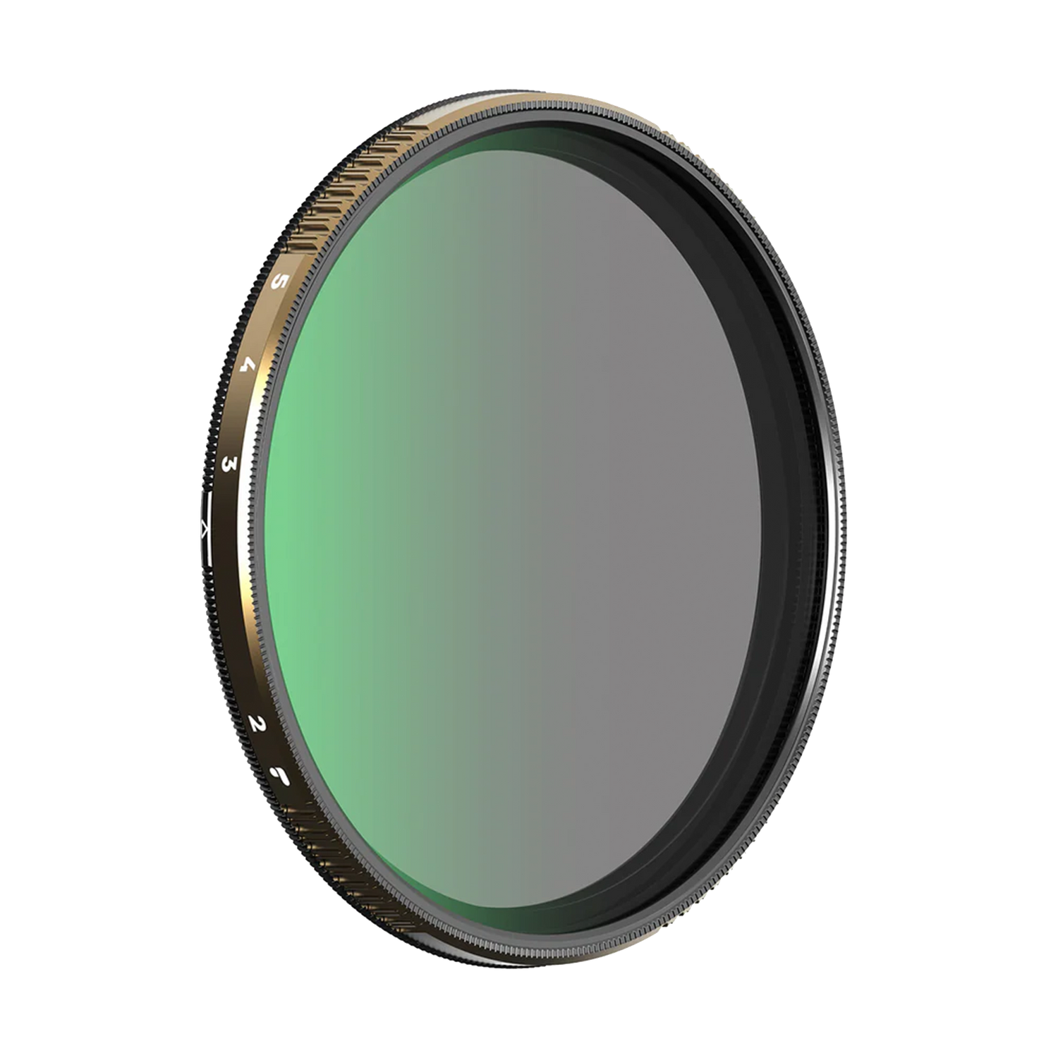 A circular camera filter with a gradient transition from green to gray, showing a metallic rim against a black background.