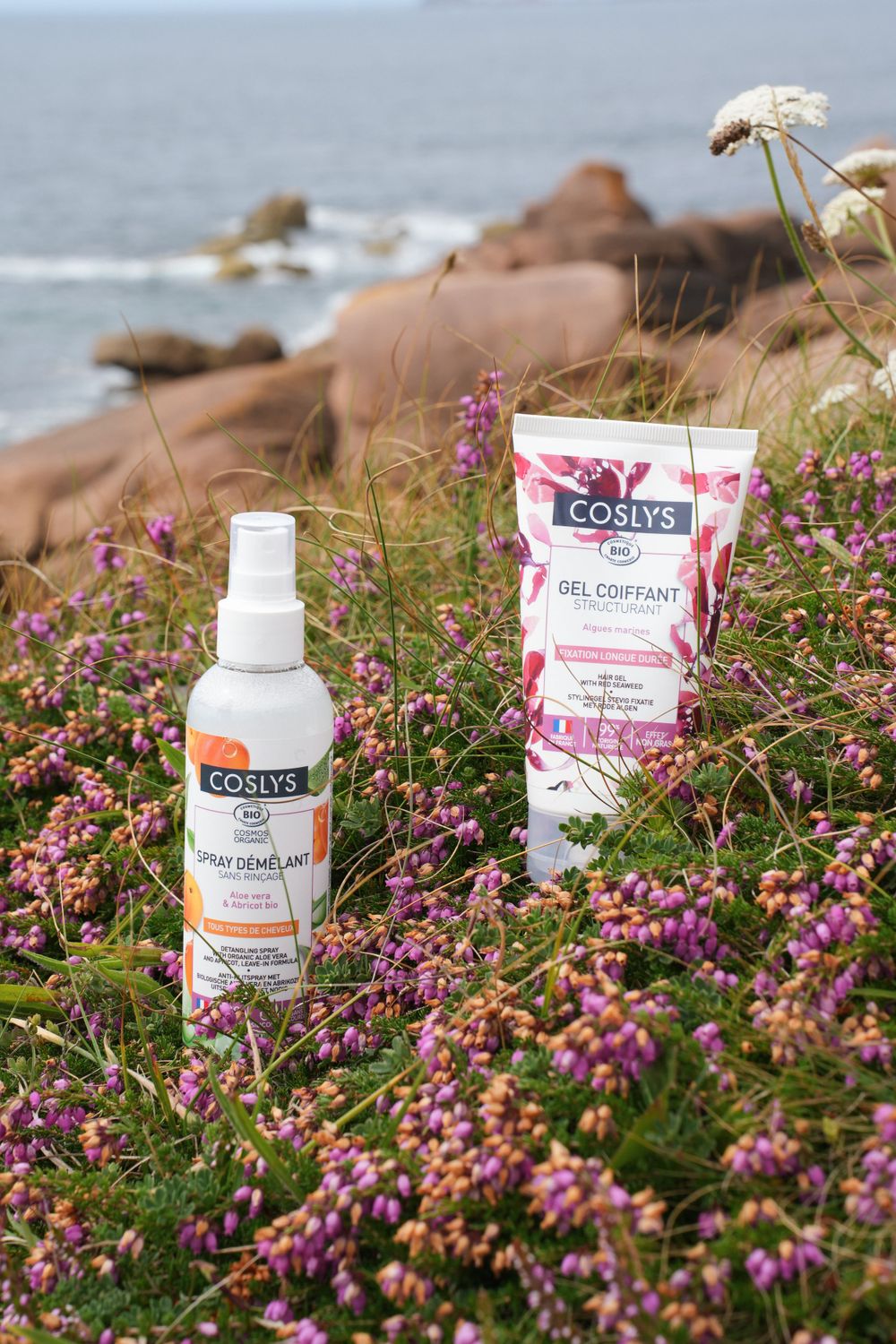 Produits Coslys exposés parmi les fleurs côtières violettes avec la rive rocheuse de l'océan en arrière-plan.