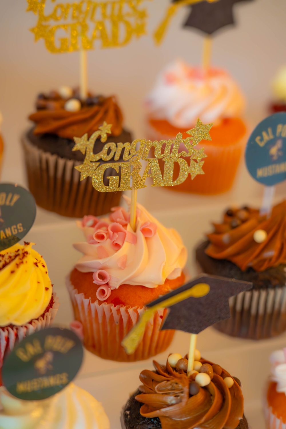 Celebratory cupcakes decorated with gold 'Grad' and 'Congrats' toppers featuring chocolate and vanilla frosting Quad Cities Graduation Event