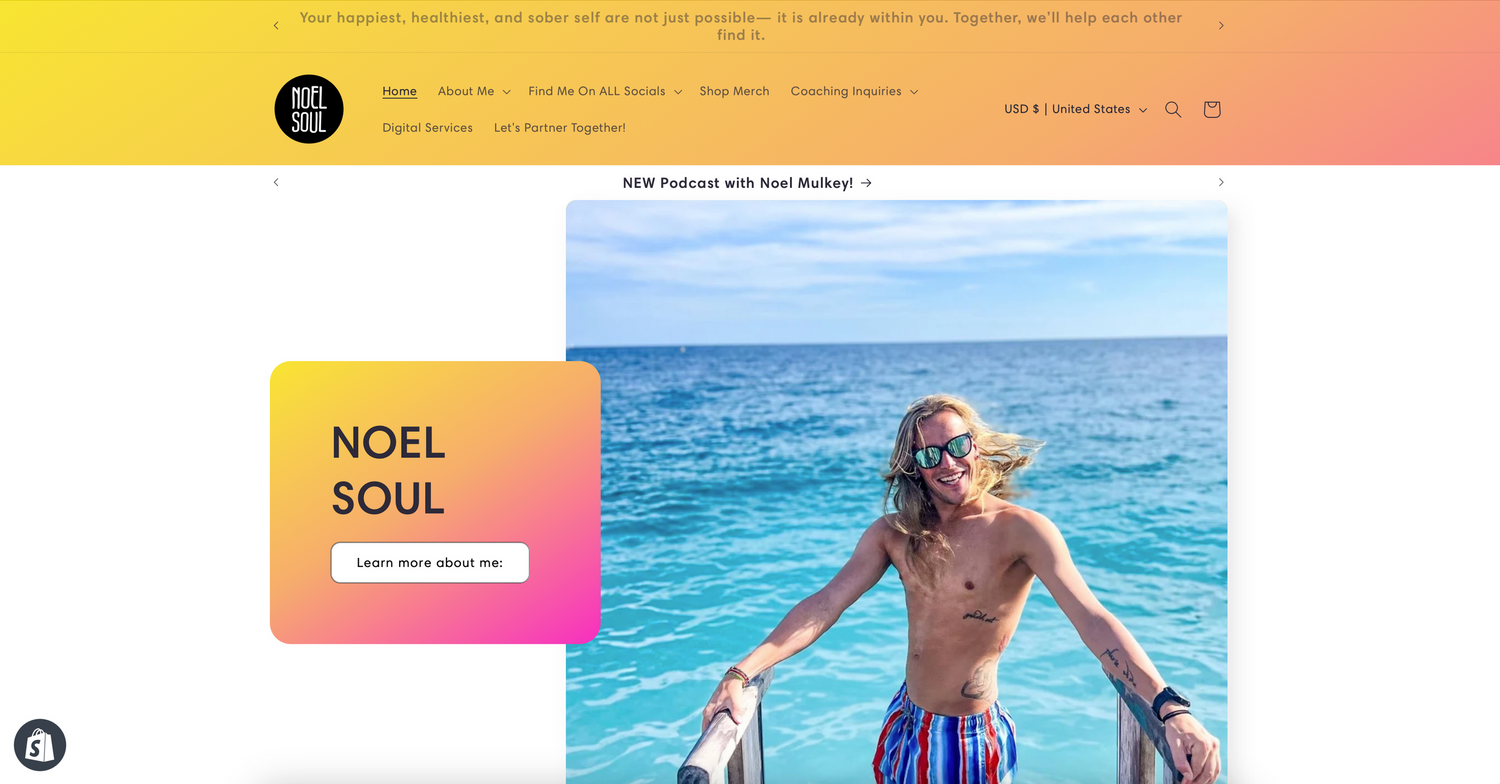 Person standing on a boat deck overlooking bright blue ocean waters against a gradient yellow and pink website background.