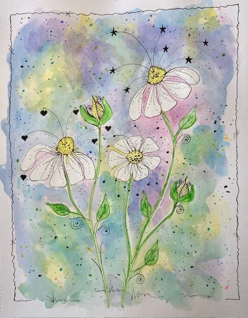 Watercolor daisies with stars and hearts on a dreamy pastel rainbow background.