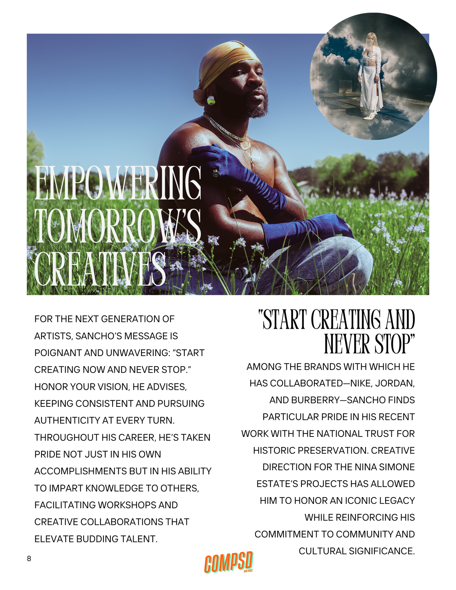 A person sits in a field of purple flowers while text overlays promote empowering future creatives and artistic initiatives.