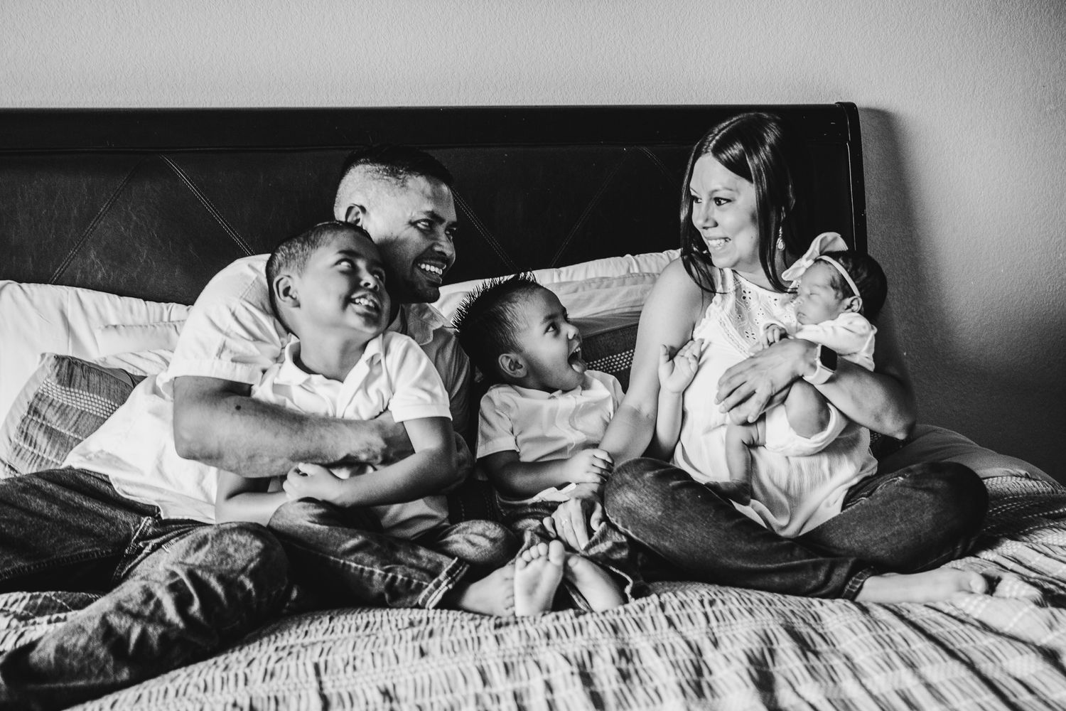 Fall family photo of five smiling in a Greeley, Colorado studio, featuring parents and three kids captured in warm indoor autumn tones.