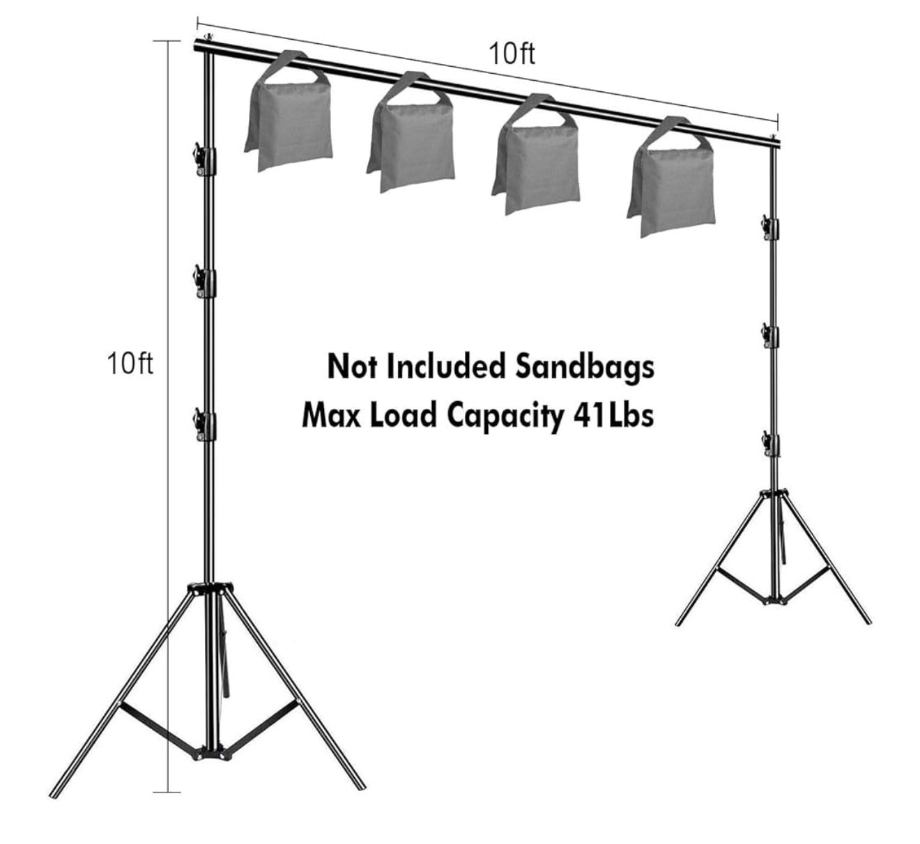 Lighting stand system diagram showing 10ft x 10ft frame with four mounting points and 41lb load capacity specification.
