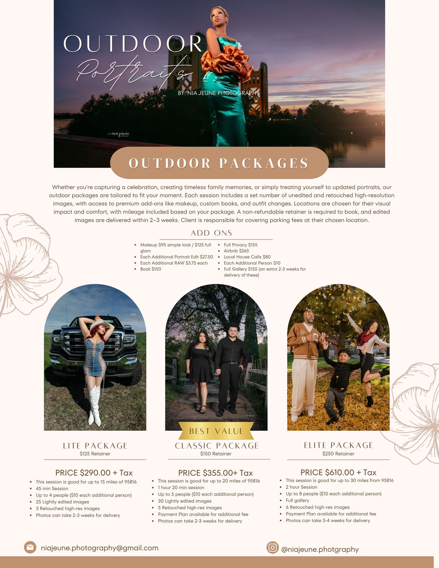 Photography pricing guide template showcasing outdoor photo session packages with sample images.