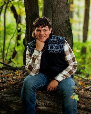 A series of photos showing someone sitting on a fallen tree trunk in a lush green forest setting.