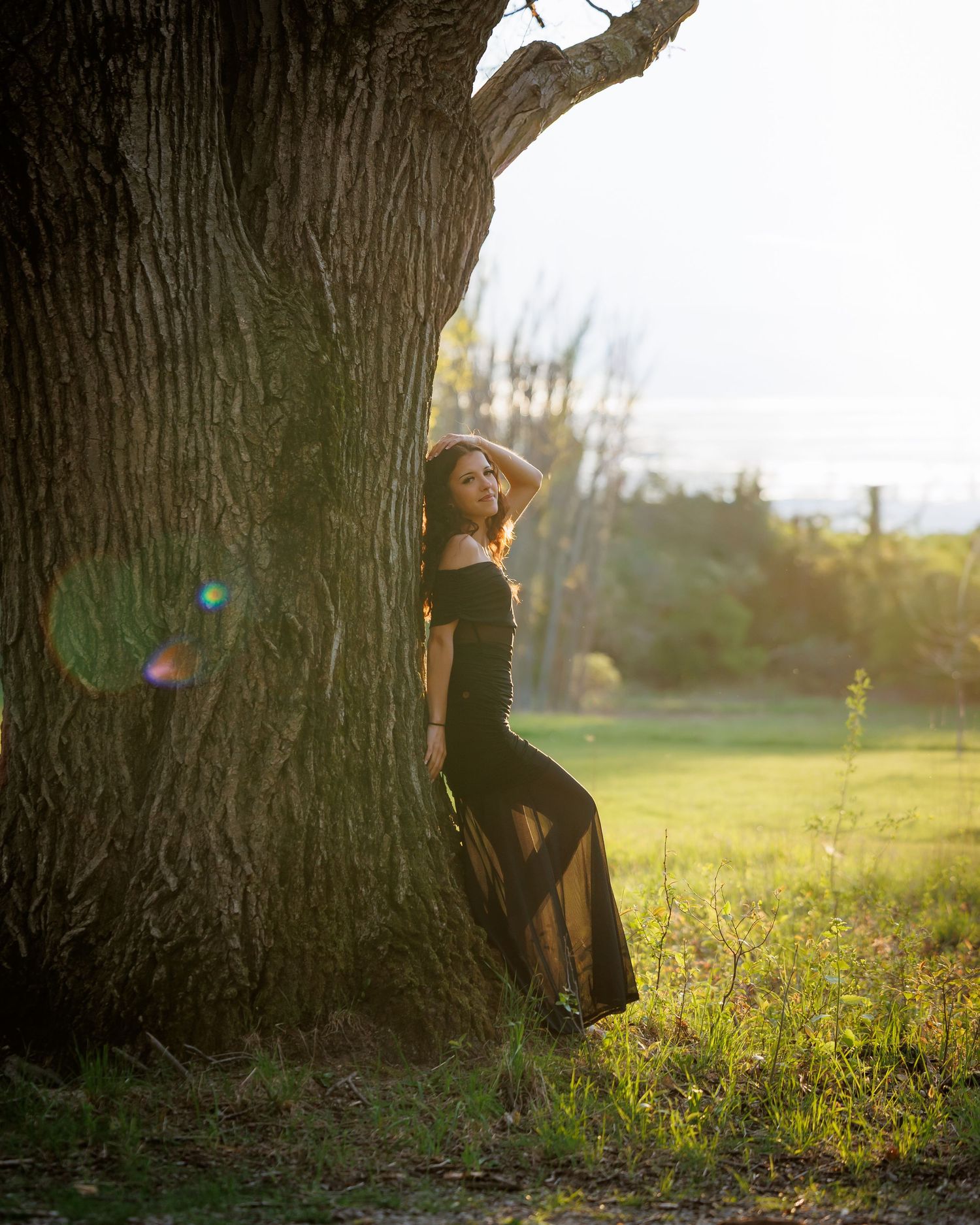 Woman in black maxi dress leaning against large tree trunk in golden hour sunlight in a lush green field.