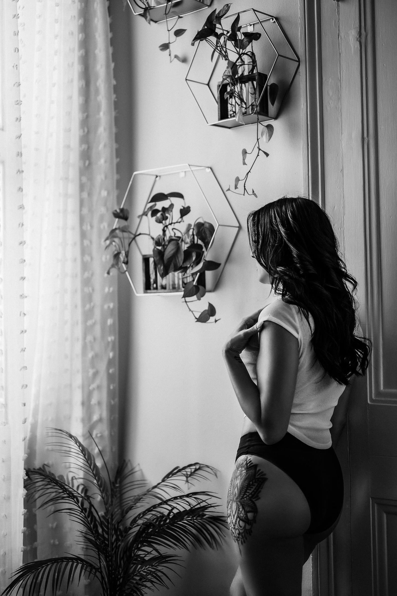 Black and white photo of a woman in lingerie posing near hexagonal wall planters and a palm plant by a window. feminine boudoir photography