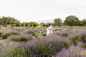 Two people embrace in the historic lavender fields of Los Poblanos with green trees and mountains in the background on a sunny day.