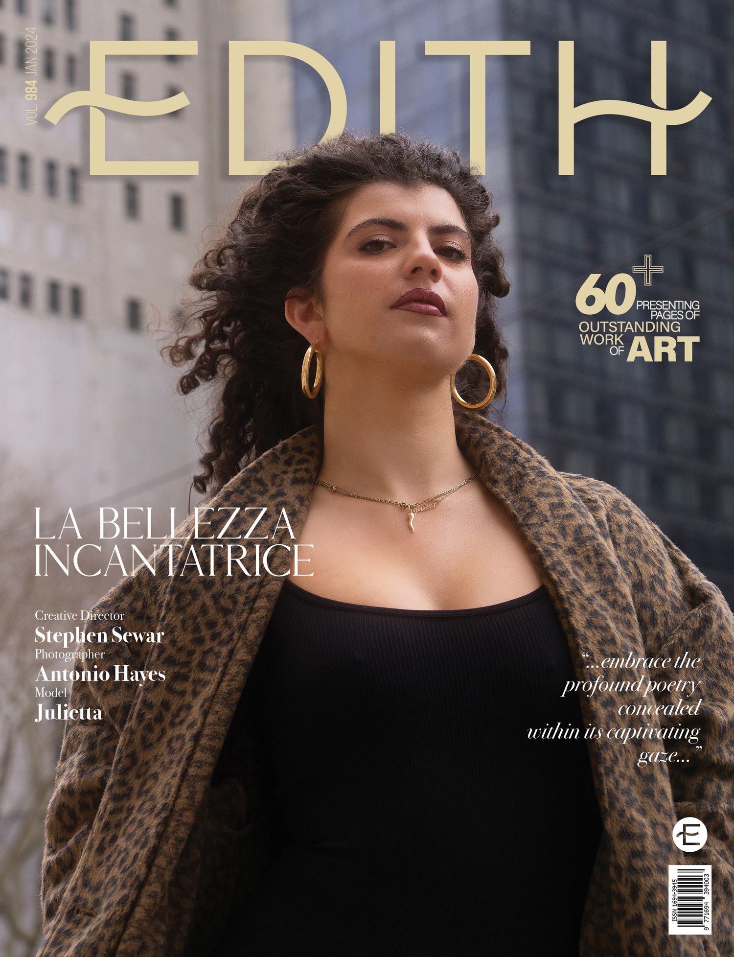 EDITH magazine cover featuring elegant fashion photography against urban cityscape backdrop.