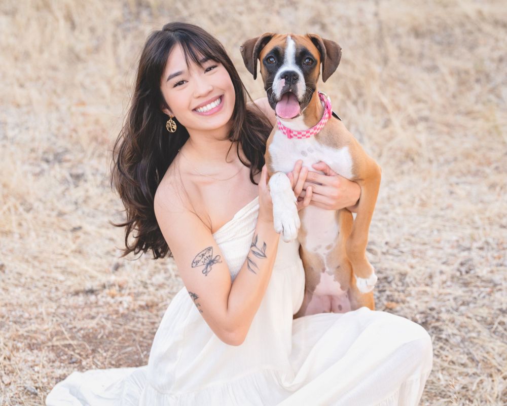 A boxer dog wearing a pink bow sits with her momma in a white dress in a brown field during a photo session.